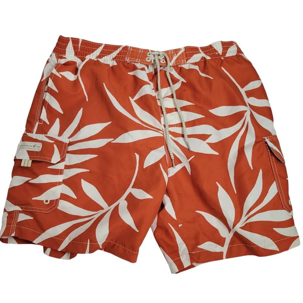 Caribbean‎ Joe Mens Swim Trunks Large Orange White Leaf Island Supply Co